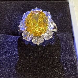 New Oval Yellow Citrine Halo Silver Ring Luxury Engagement